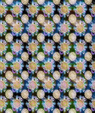 Çiçeksel elementlerle süslenmiş zarif raster dokusu. Nötr ve mavi renklerde parlak çiçekli soyut ve pürüzsüz desen. Küçük çiçekte şirin bir çiçek deseni var..