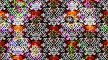 Nakış desenli çiçek deseni. Renkli grunge soyut arkaplanı kologri çiçeklerle süslüyor. İzler, kumaş, duvar kağıtları, tekstil için raster dokusu.