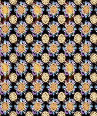 Raster - stok. Yapraklı çiçekler ve papatya çiçekli siyah ve bej renkli. Kusursuz arkaplan deseni.