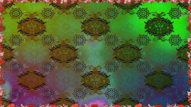 Raster illüstrasyonu. Çiçek deseni. Yeşil ve kahverengi renkli çiçekler. Yeşil ve kahverengi renklerde çiçeksiz. Şatafatlı bahar bahçesi dokusu.