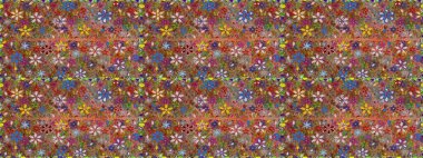 Çiçeksel fantezi tasarımı, parlak bir arka planda, kusursuz bir desen. Renkli Bahar Temalı Kusursuz Arkaplan. Düz Çiçek Elementleri Tasarımı.