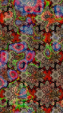 Kahverengi üzerine kahverengi. El çizimi çiçek unsurları olan soyut çizim raster deseni. Retro tekstil tasarım koleksiyonu. 1950-1960 motifleri. Çiçekli ipek eşarp..