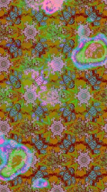 Modern çiçek arkaplanı. Halk tarzı. Moda baskıları için zarif bir şablon. Parlak renkli çiçekleri ve yeşil yaprakları olan harika bir çiçek deseni..