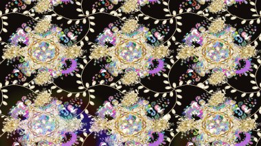 El çizimi. Güzel kumaş deseni. Raster illüstrasyonu. Çiçekler, dallar, otlar ve çiçekler.