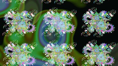 Raster illüstrasyonu. Çiçek desenli eskiz, darbeler, sıçramalar, yaz çiçekleri. Yeşil renkte çiçekler.