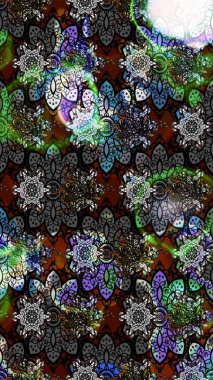 Raster Floral Illustration, Asyalı tekstil. Gri renkli etnik çiçeklerle zarif eskiz deseni.