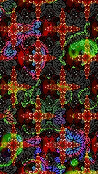 Suluboya elle çizilmiş çiçek desenli eskiz deseni. Parlak renkli fantezi çiçekleri, yapraklar, siyah renkli tomurcuklar.