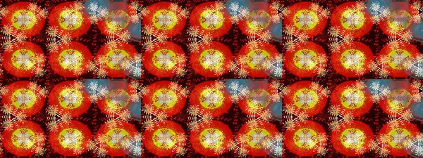 Kırmızı ve sarı renkte etnik çiçeklerle süslenmiş zarif bir eskiz şekli. Asya Tekstil 'inde Raster Çiçek İllüstrasyonu.