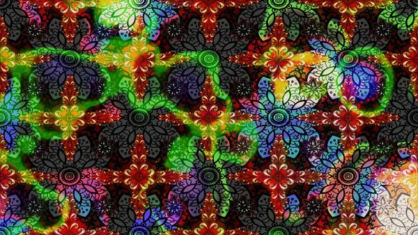 Siyah renkler ve parlak çiçekler üzerine soyut çizim deseni. Çiçeksel elementlerle süslenmiş zarif raster dokusu. Küçük çiçekte şirin bir çiçek deseni var..