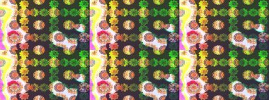 Çiçekleri, deniz kabukları, mandalaları ve suluboya efektleriyle donanma geçmişi. Yatak çarşafları, ceket, paket tasarımı, kumaş ve moda kavramları için tekstil baskısı. Çizim kalıbı etnik tasarım.