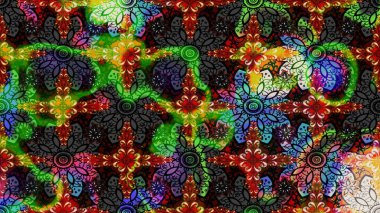 Siyah renkler ve parlak çiçekler üzerine soyut çizim deseni. Çiçeksel elementlerle süslenmiş zarif raster dokusu. Küçük çiçekte şirin bir çiçek deseni var..