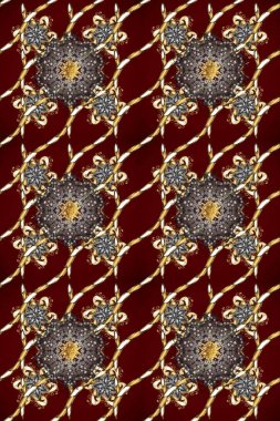 Altın antika ortaçağ dekoratifi, yapraklar ve kahverengi, gri ve kırmızı renklerde altın desenli desenler. Kusursuz kraliyet lüksü, altın barok kumaş rengi..