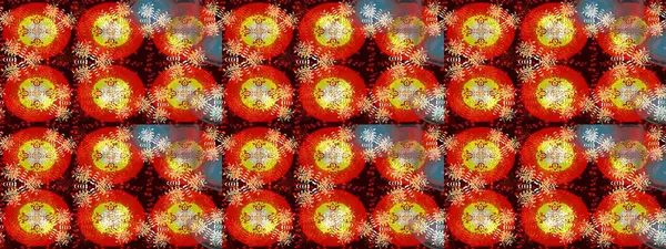 Kırmızı ve sarı renkte etnik çiçeklerle süslenmiş zarif bir eskiz şekli. Asya Tekstil 'inde Raster Çiçek İllüstrasyonu.