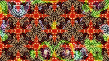 Çiçekli ipek eşarp. El çizimi çiçek unsurları olan soyut çizim raster deseni. 1950-1960 motifleri. Retro tekstil tasarım koleksiyonu. Kırmızıda kırmızı.