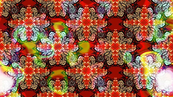 Şirin çiçekli eskiz deseni ve kırmızı renklerde yapraklar, suluboya çiçek deseni, duvar kağıdı, kart veya kumaş için fayanslı. Raster illüstrasyonu.