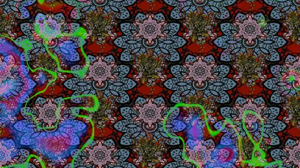 Rengarenk çiçekleri ve doğal renklerde yaprakları olan harika bir çiçek deseni. Moda baskıları için zarif bir şablon. Modern çiçek arkaplanı. Halk stili.