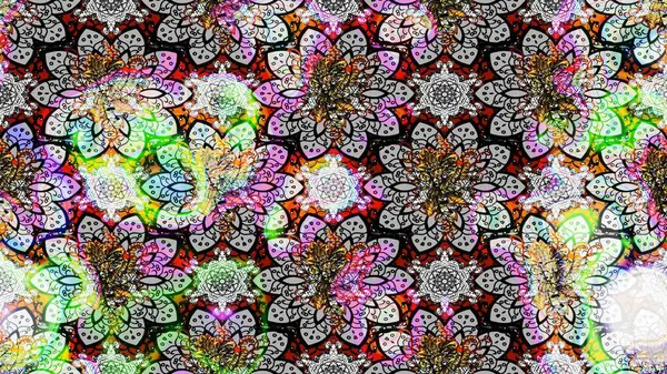 Çiçeksel fantezi tasarımı ve parlak bir arka plan çizimi. Renkli Bahar Teması eskiz kalıbı. Düz Çiçek Elementleri Tasarımı.