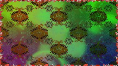 Çiçek yeşili ve kahverengi desenli. Klasik taslak çizimi. Raster çiçek izi..