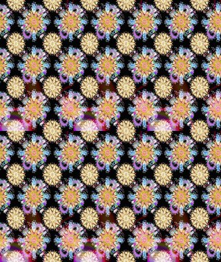 Kumaş desenli papatya çiçeği detayı. Siyah ve bej renkli çiçekler.