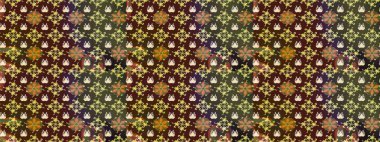 Kusursuz bir geçmişi var. Renkli şal desenli, kahverengi ve yeşil çiçekli ve dekoratif elementli kusursuz desen. Raster illüstrasyonu. Kumaş, tekstil, duvar kağıdı baskısı için. Antika retro tarzı.