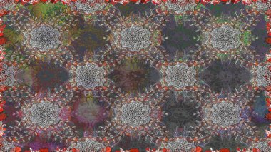 Colour Spring Theme seamless pattern Background. Flat Flower Elements Design. Raster illustration. Flowers on gray and brown colors. Seamless flowers pattern. In asian textile style.