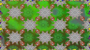 Çiçekli, suluboya desenli kusursuz çiçek deseni. Yeşil ve gri renkte çiçekler. Renkli Bahar Temalı, dikdörtgen desenli arka plan. Düz Çiçek Elementleri Tasarım Raster illüstrasyonu.