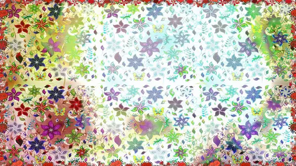 Raster illüstrasyonunda kusursuz çiçek deseni. Süslü kumaş deseni. Düz Çiçek Elementleri Tasarımı. Renkli Bahar Teması Kusursuz Arkaplan.