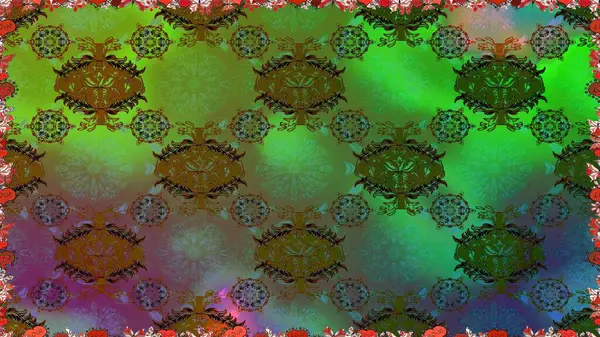 Çiçeksiz desenli, suluboya elle çizilmiş elementler. Parlak renkli fantezi çiçekleri, yapraklar, yeşil ve kahverengi renkli tomurcuklar yeşil ve kahverengi.