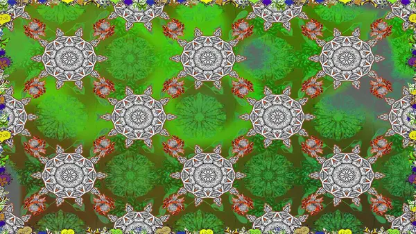 Çiçekli, suluboya desenli kusursuz çiçek deseni. Yeşil ve gri renkte çiçekler. Renkli Bahar Temalı, dikdörtgen desenli arka plan. Düz Çiçek Elementleri Tasarım Raster illüstrasyonu.