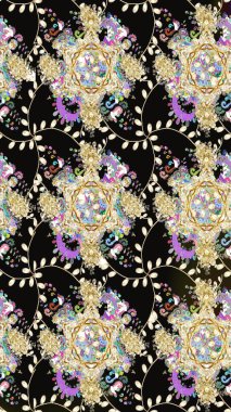 Varicoloblack Raster çizimi. Bir sürü siyah ve soyut çiçekli tropik eskiz deseni. Küçük çiçekte sevimli çiçek deseni var..