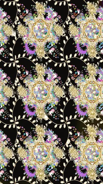 Varicoloblack Raster çizimi. Bir sürü siyah ve soyut çiçekli tropik eskiz deseni. Küçük çiçekte sevimli çiçek deseni var..