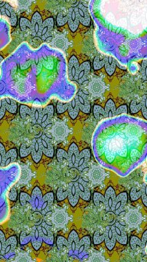 Eskiz modeli etnik tasarım. Yatak çarşafları, ceket, paket tasarımı, kumaş ve moda kavramları için tekstil baskısı. Çiçekleri, deniz kabukları, mandalaları ve suluboya efektleri olan deniz altyapısı.