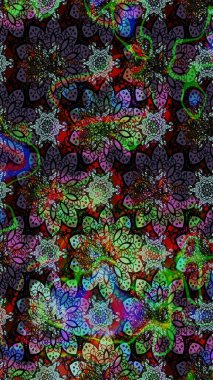 Çok renkli, zarif küçük çiçekler ve siyah renkli komik böcekler, raster desen, illüstrasyon..