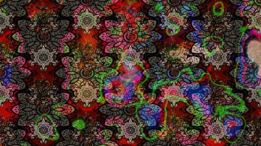 Çiçekli ipek eşarp. El çizimi çiçek unsurları olan soyut çizim raster deseni. 1950-1960 motifleri. Retro tekstil tasarım koleksiyonu. Siyah üstüne siyah..