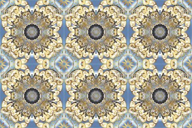 Damask pürüzsüz yineleme kalıbı. Bej, nötr ve gri renklerde altın element. Barok tarzında altın çiçekli süs. Antika altın tekrarlanabilir duvar kağıdı.