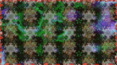 Raster illüstrasyonu. Eski moda arka plan. Kıvırcık, parlak örgü. Şablon, pürüzsüz, çiçekli kenar. Güzel, parlak, pürüzsüz kumaş, tuval. Çiçeklerin çelengi.