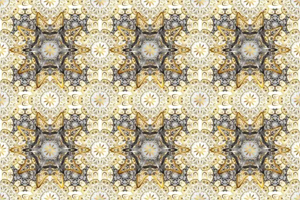 Raster illüstrasyonu. Bej, nötr ve gri renklerde altın. Doğum günü kartı, davetiye ya da afiş için iyidir. Kusursuz ortaçağ çiçek deseni. Dekoratif simetri arabesk.