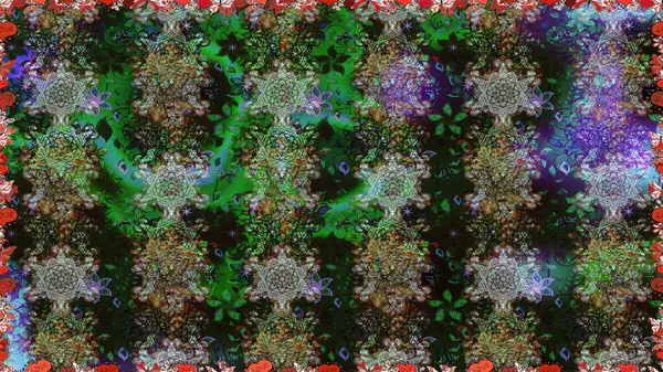 Raster illüstrasyonu. Eski moda arka plan. Kıvırcık, parlak örgü. Şablon, pürüzsüz, çiçekli kenar. Güzel, parlak, pürüzsüz kumaş, tuval. Çiçeklerin çelengi.