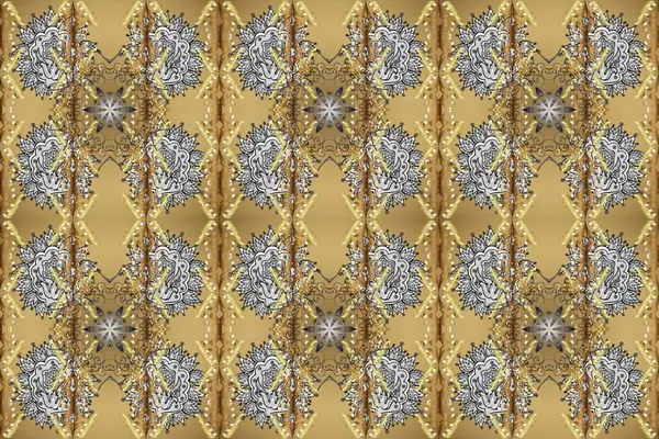 İslam tasarımı. Raster altın tekstil baskısı. Kusursuz desenli oryantal süs. Bej, gri ve nötr renklerdeki altın desenli altın elementler. Çiçek karoları.