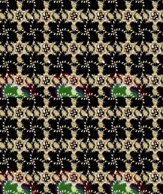 El çizimi çiçek unsurları olan soyut, dikişsiz raster deseni. Retro tekstil tasarım koleksiyonu. 1950-1960 motifleri. Çiçekli ipek eşarp. Siyah ve bej üzerine siyah ve bej.