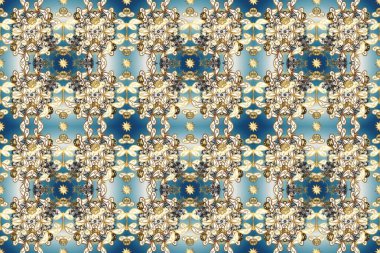 Raster illustration. Oriental raster classic beige, blue and neutral and golden pattern. Seamless abstract background.