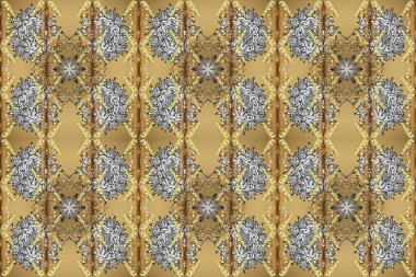İslam tasarımı. Raster altın tekstil baskısı. Kusursuz desenli oryantal süs. Bej, gri ve nötr renklerdeki altın desenli altın elementler. Çiçek karoları.