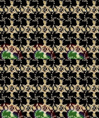 El çizimi çiçek unsurları olan soyut, dikişsiz raster deseni. Retro tekstil tasarım koleksiyonu. 1950-1960 motifleri. Çiçekli ipek eşarp. Siyah ve bej üzerine siyah ve bej.