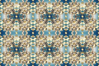 Raster illustration. Oriental raster classic beige, blue and neutral and golden pattern. Seamless abstract background.