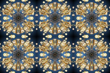 Raster oryantal süs. Mavi, bej ve gri renklerde altın elementlerle kusursuz desen. Kusursuz altın desen.