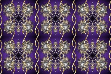 Raster. Doğu tarzı arabesk. Kahverengi, mor ve gri renklerde altın elementlerle kusursuz desen. Altın desen. Parlak dantel, stilize çiçekler, şal desenli. Kusursuz altın dokular bukleler.
