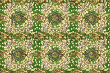 Doğulu arabeskler. Yeşilde kusursuz desen, altın elementlerle bej renkler. Raster. Kusursuz altın desenli bukleler. Parlak dantel, stilize çiçekler, şal desenli. Zarif altın deseni aç.