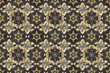 Doğu tarzında klasik tasarım öğesi. Gri, kahverengi ve bej renkli Arap dekoru. Çiçekli süslemeli, pürüzsüz bir desen. Süslü dantel iz sürücü. Duvar kağıdı için altın süslü illüstrasyon.