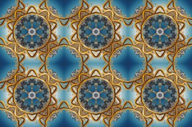 Damask pürüzsüz süsü. Klasik oryantal desen kahverengi, mavi ve gri renkler üzerinde. Geleneksel raster ve altın desen.