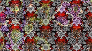 Çiçek desenli çizim. Raster illüstrasyonu. Asya tekstil tarzında. Gri renkli çiçekler. Raster illüstrasyonu.